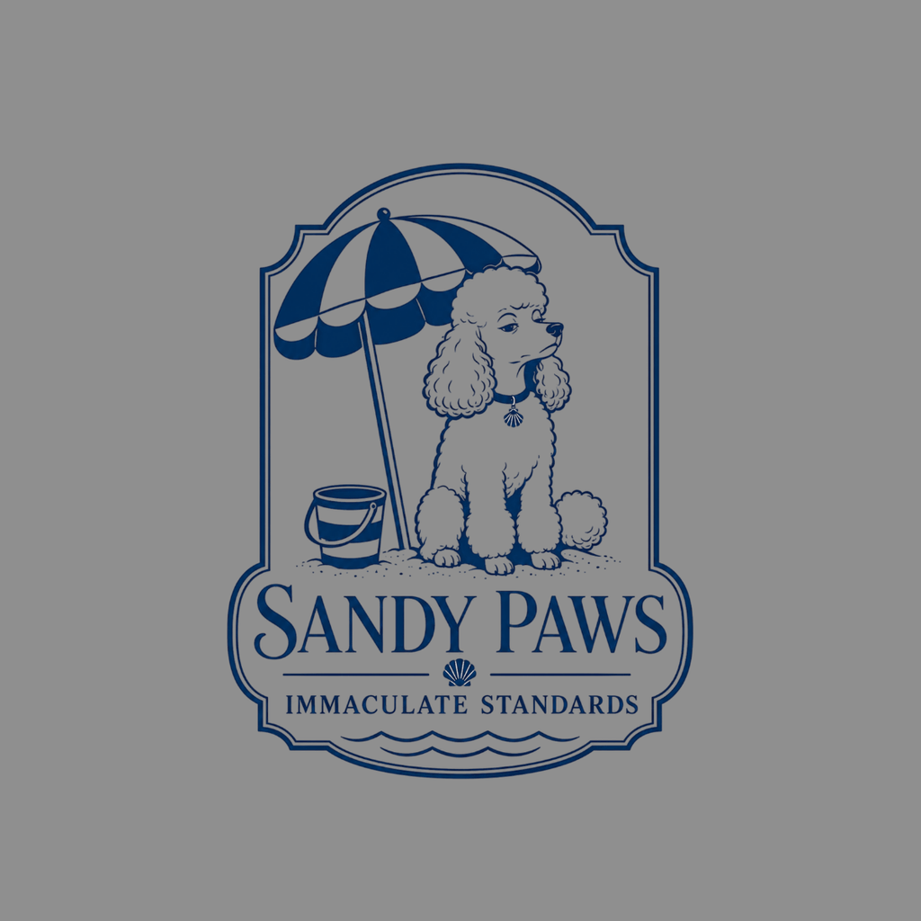 Sandy Paws logo with a poodle under an umbrella and the text "IMMACULATE STANDARDS".