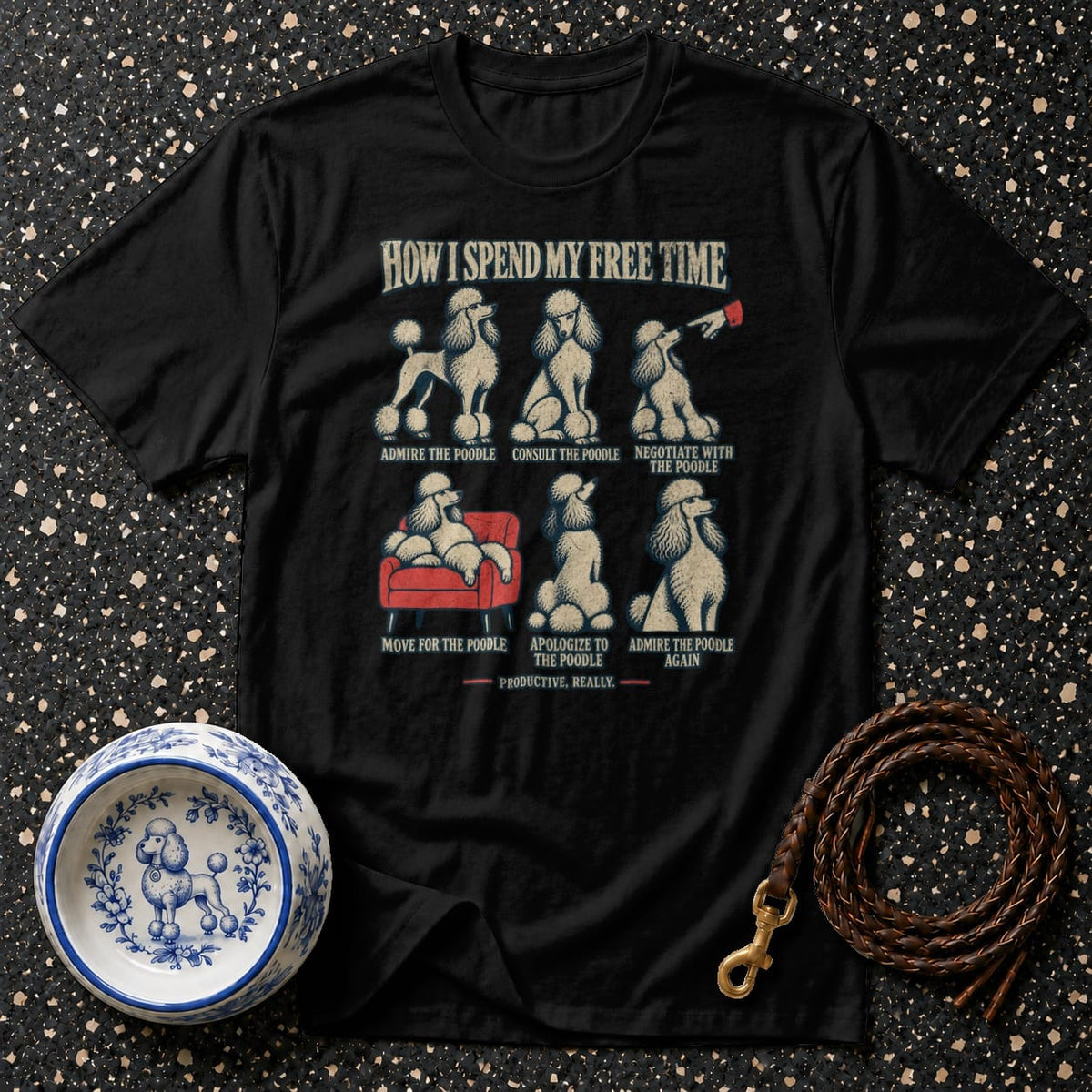 Black t-shirt with a graphic titled "How I Spend My Free Time" and poodle illustrations.