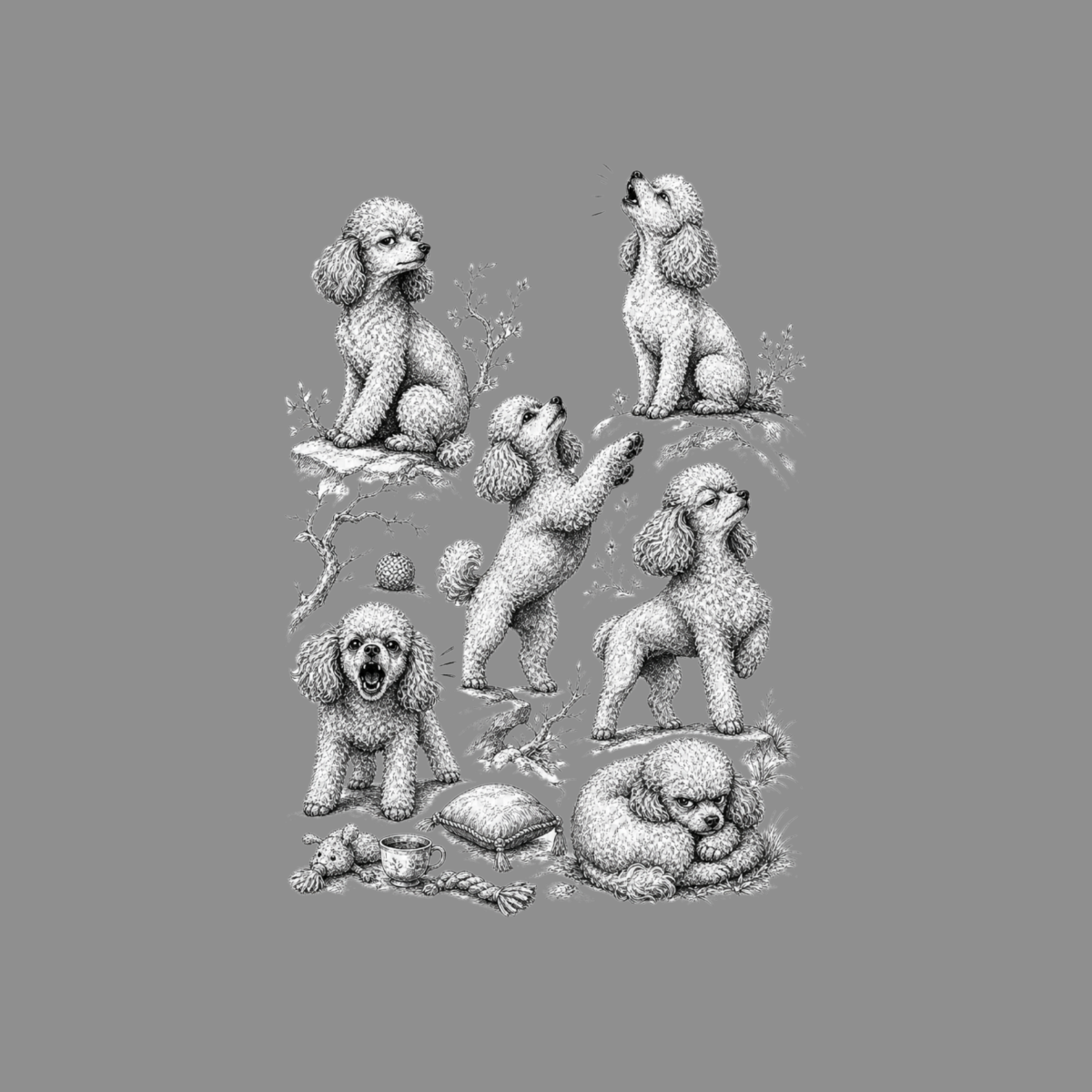 Poodles in various poses: sitting, standing, howling, and playing with toys.