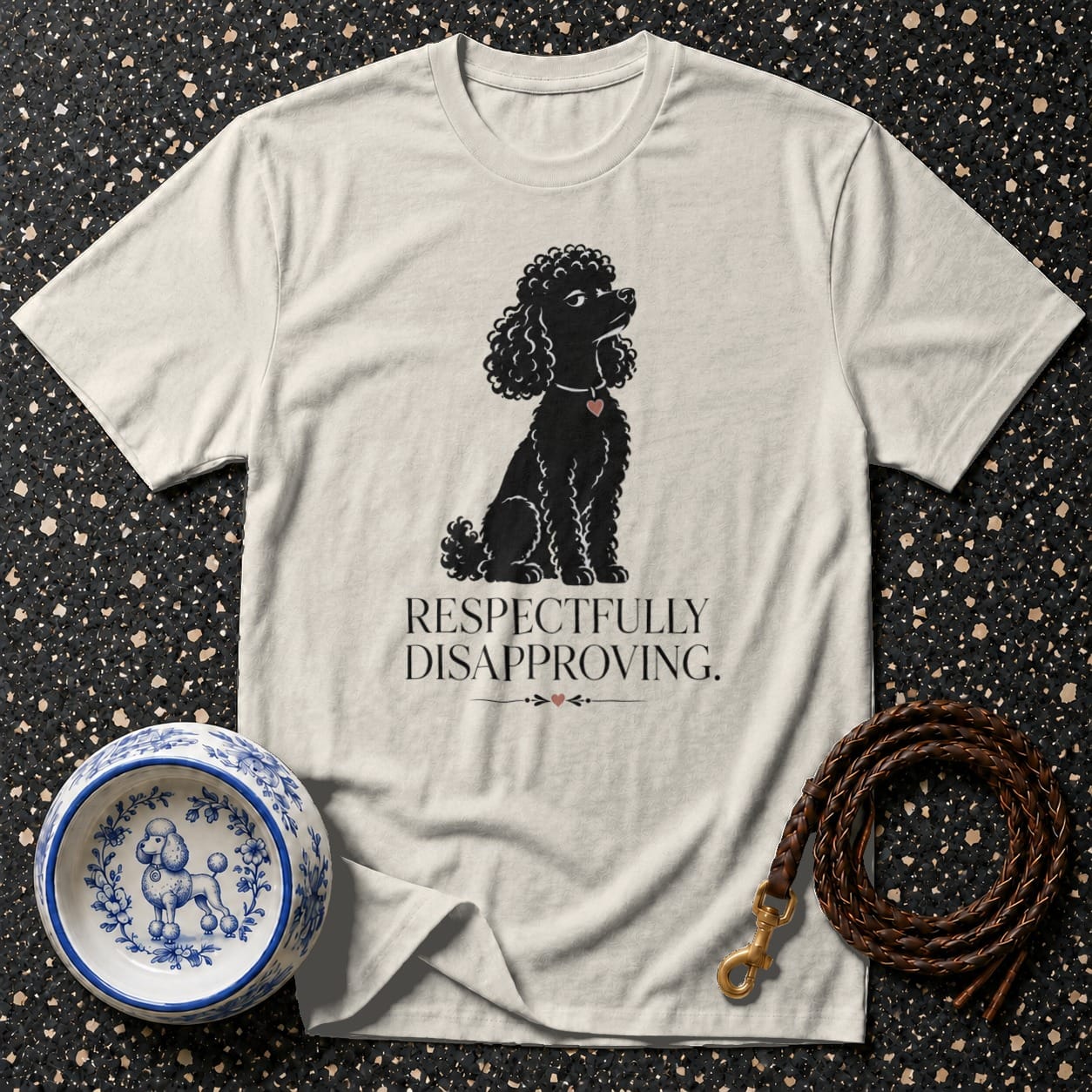 T-shirt with black poodle graphic and "Respectfully Disapproving" text.