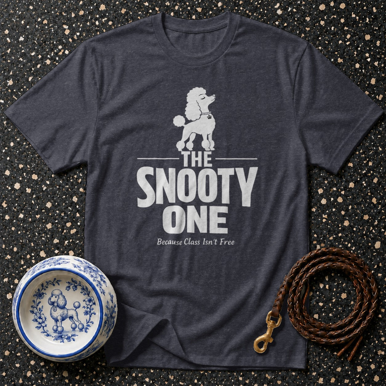 Dark gray t-shirt with white poodle graphic and text "The Snooty One"