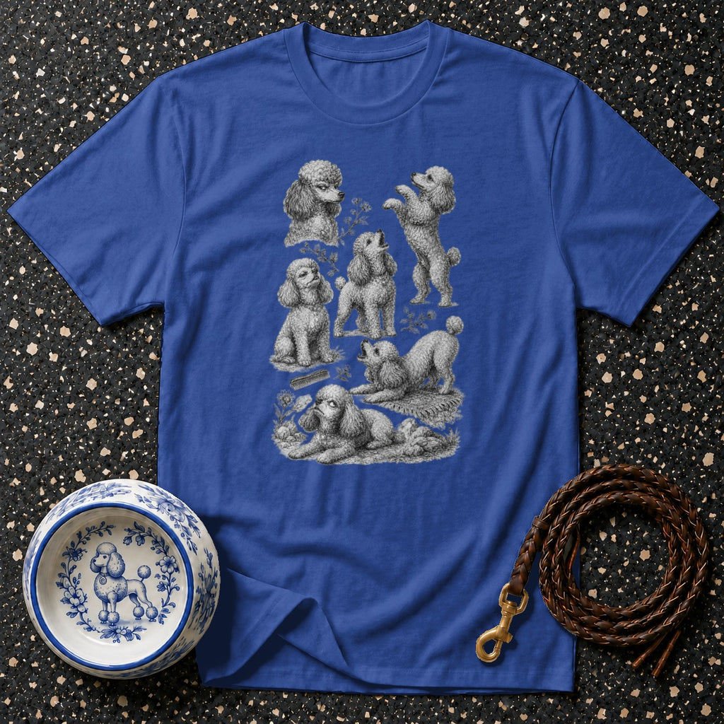 Blue t-shirt with vintage poodle illustrations and a dog bowl.