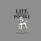 Illustration of a poodle with text "Life, Curated By A Poodle" and a leash.