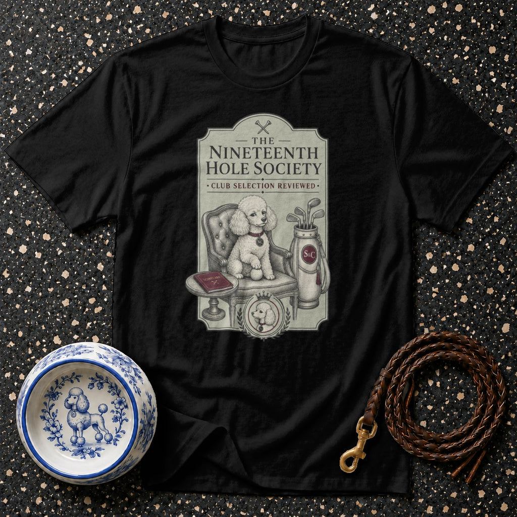 Black t-shirt with "The Nineteenth Hole Society" golf dog graphic.