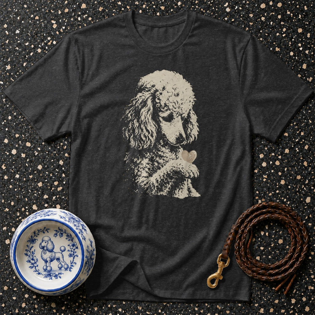 Dark grey t-shirt with poodle graphic, decorative dog bowl, and leather leash.