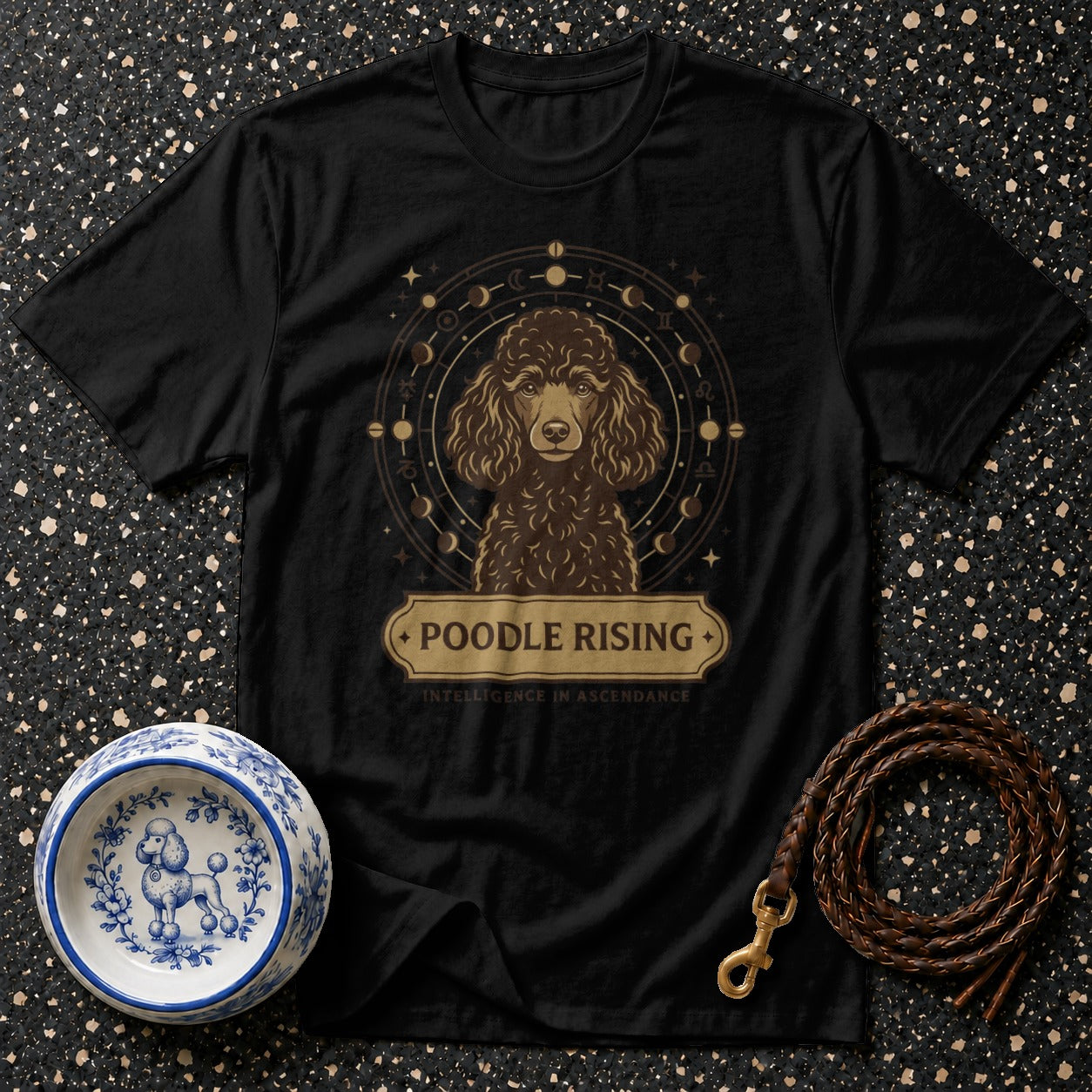 Black t-shirt with a poodle portrait and "POODLE RISING" text.