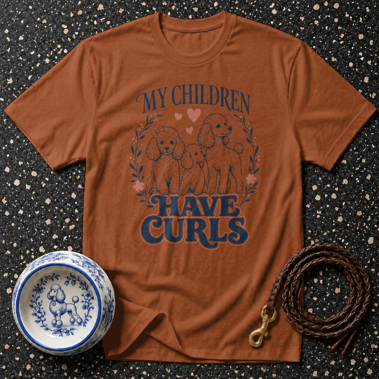 Brown t-shirt with "My Children Have Curls" text and three poodles.