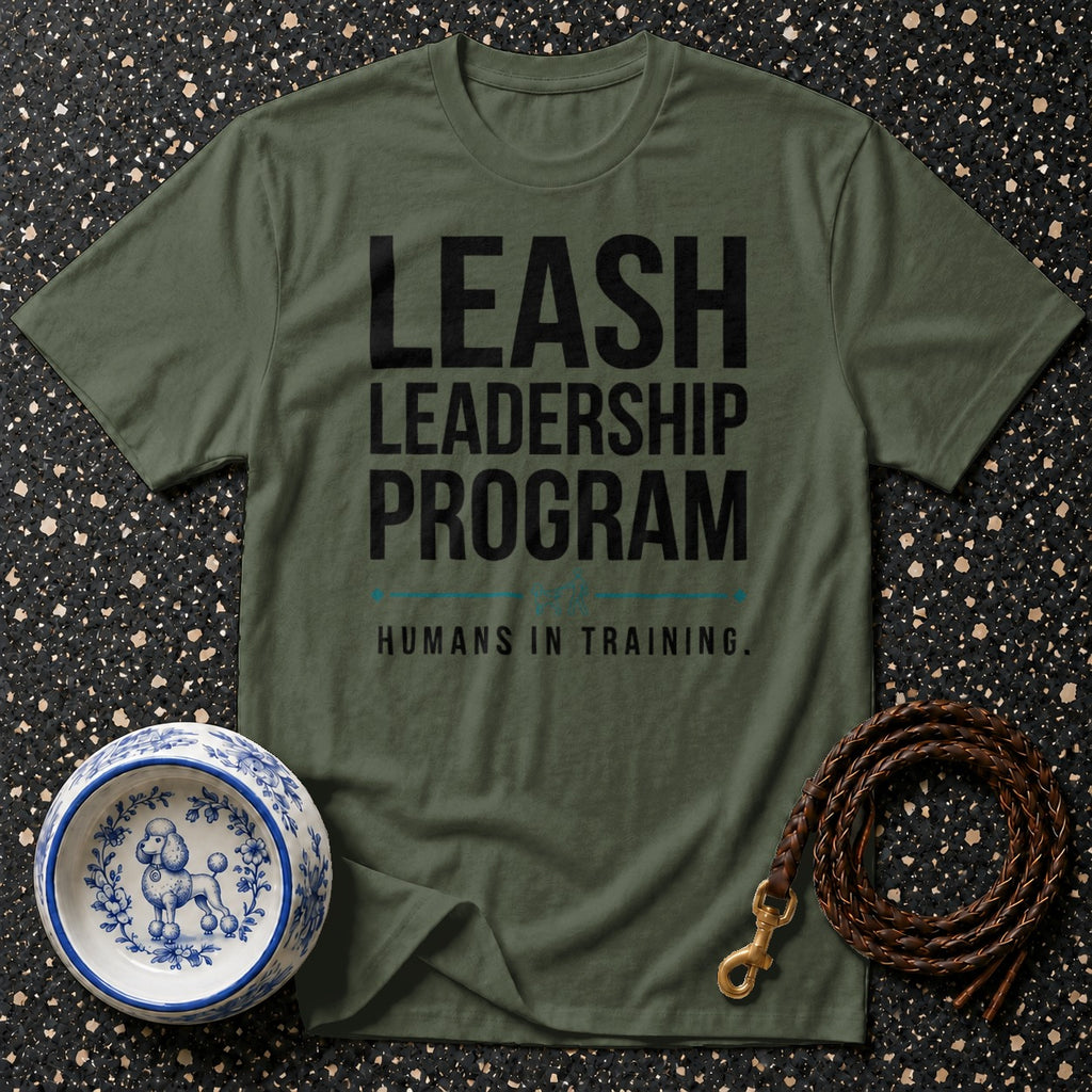 Green t-shirt with "LEASH LEADERSHIP PROGRAM HUMANS IN TRAINING" text