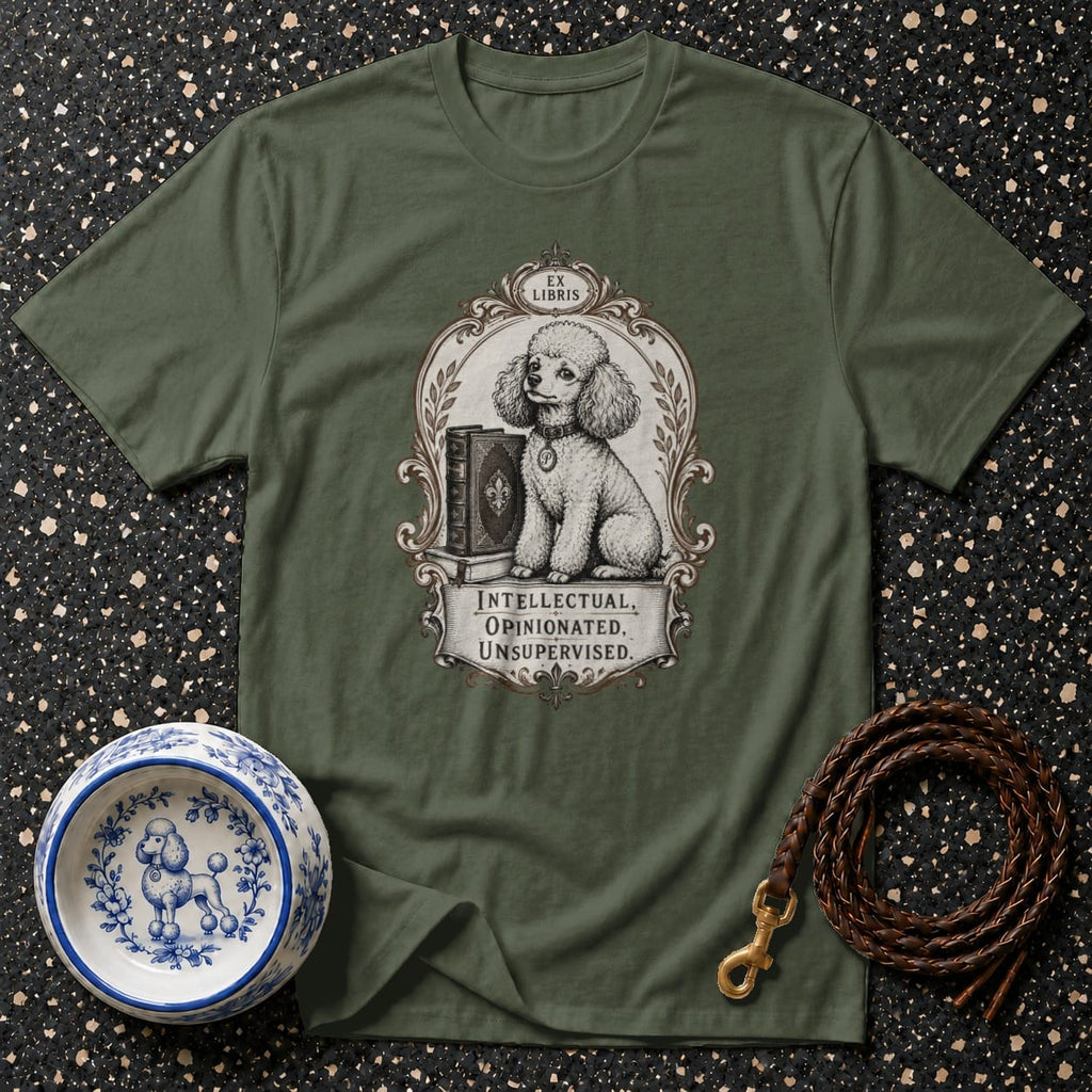 Green t-shirt with an "Ex Libris" poodle illustration and "Intellectual, Opinionated, Unsupervised" text.