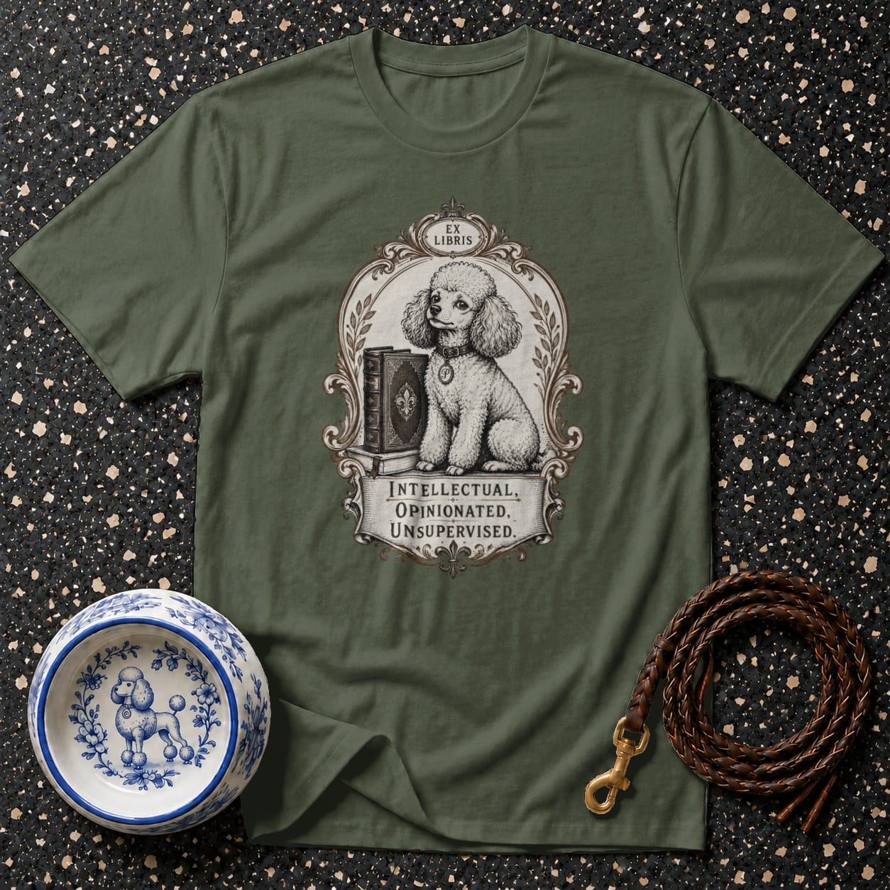 Green t-shirt with an "Ex Libris" poodle illustration and "Intellectual, Opinionated, Unsupervised" text.