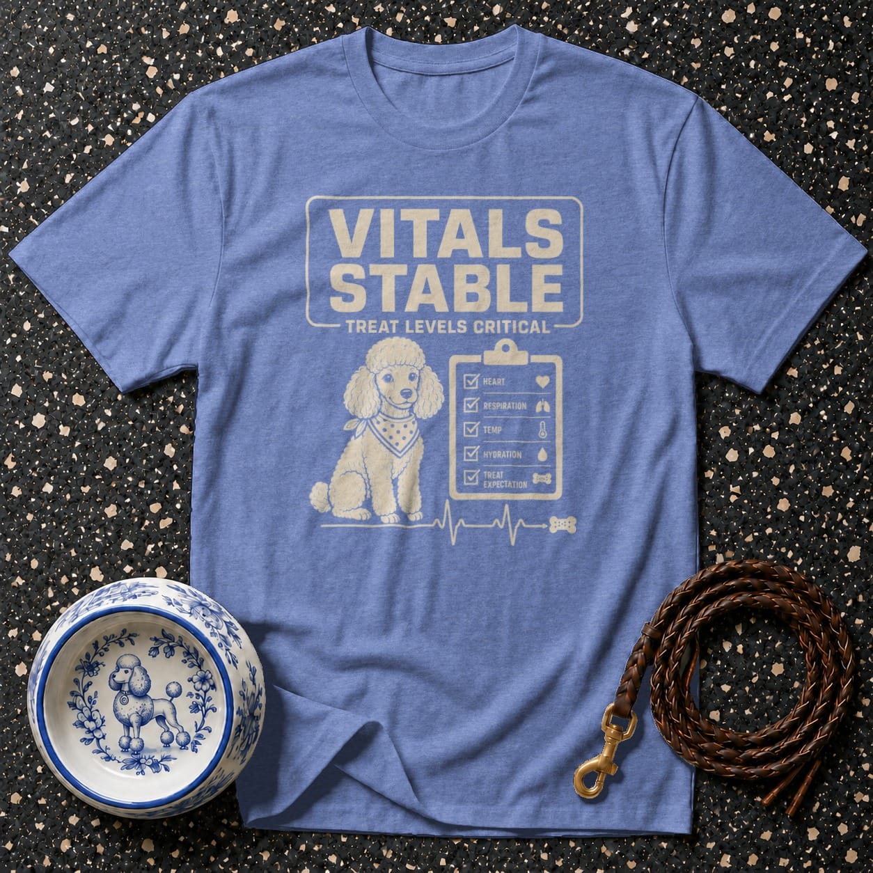 T-shirt with a poodle, checklist, and vital signs graphic.