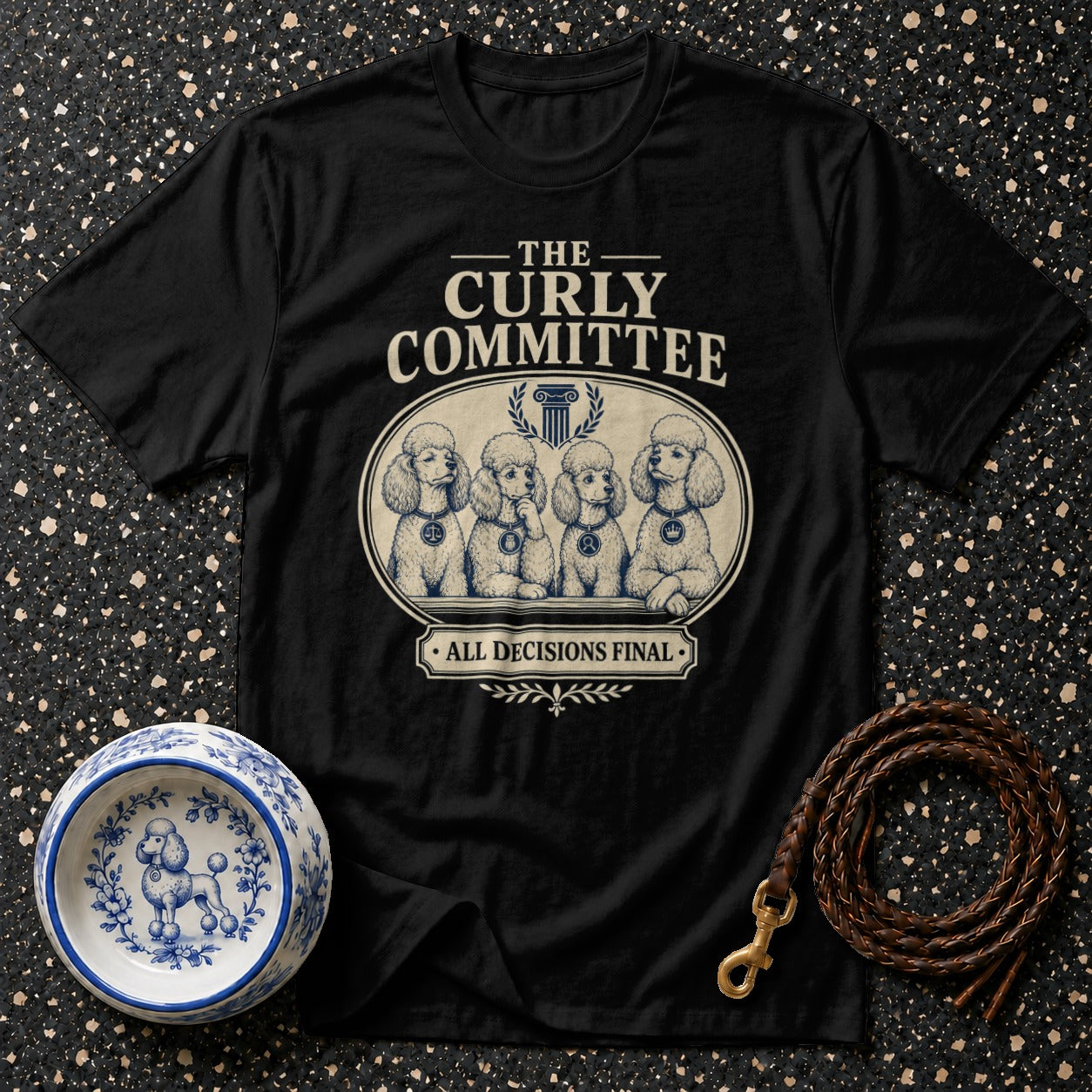 Black t-shirt with "The Curly Committee" and four poodles graphic.