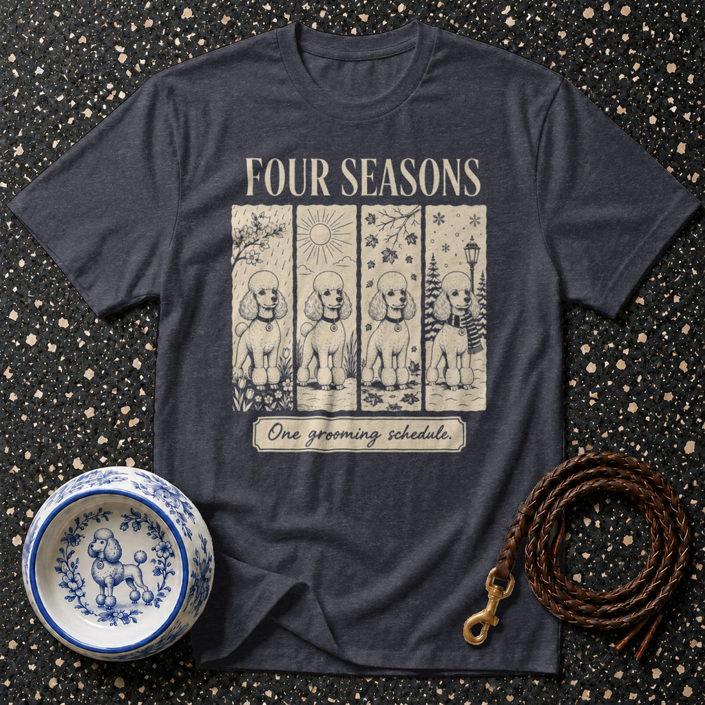 T-shirt featuring four poodles in different seasons, text "FOUR SEASONS".