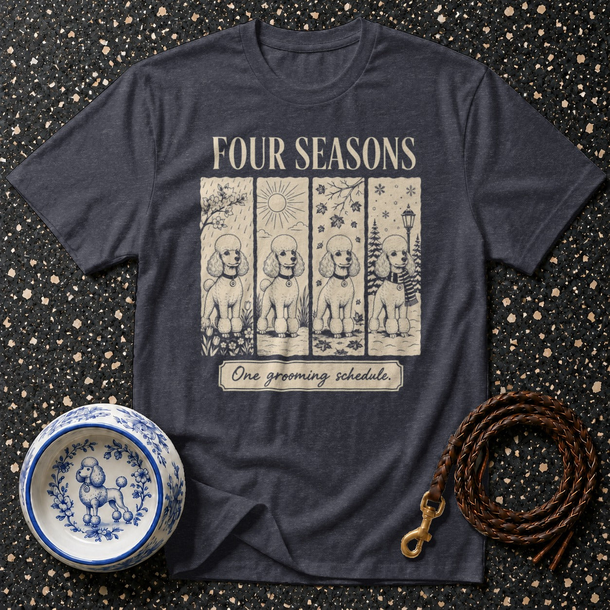 T-shirt featuring four poodles in different seasons, text "FOUR SEASONS".