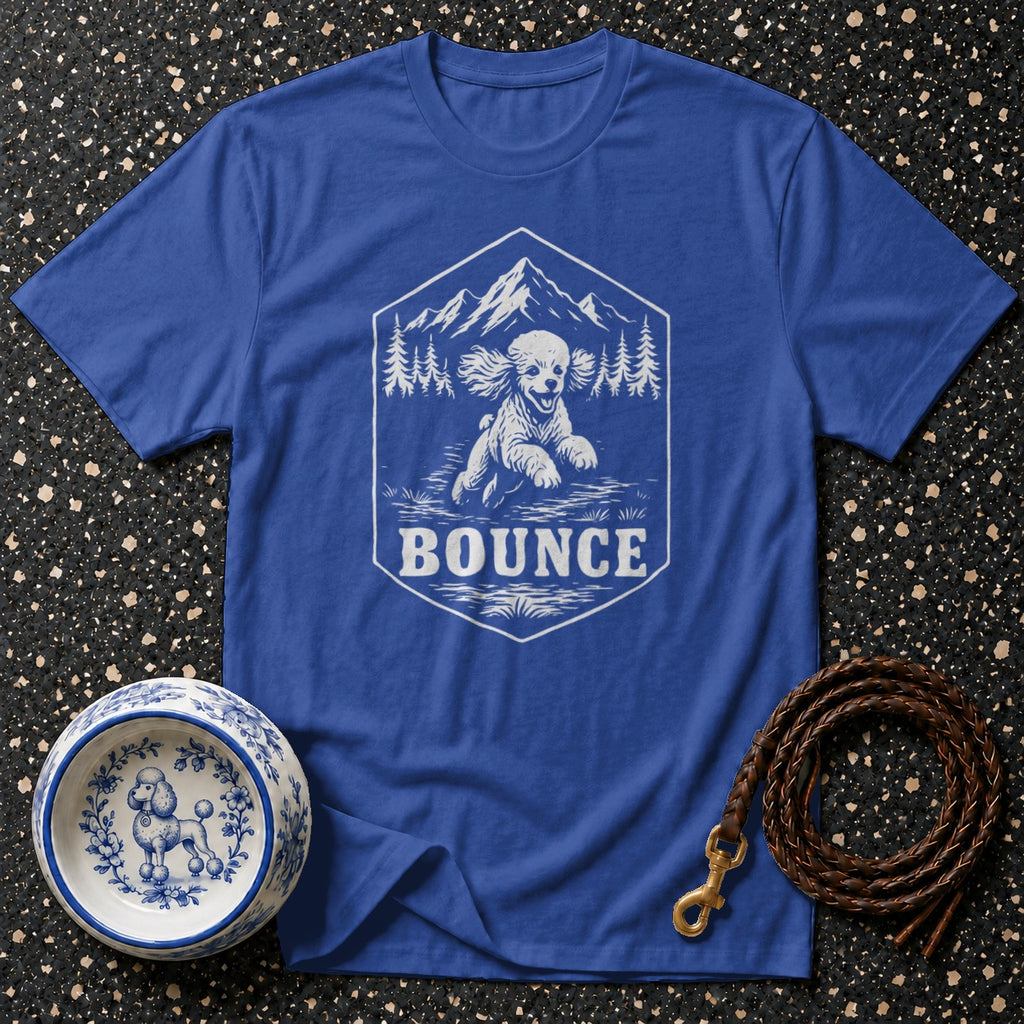 T-shirt with a running poodle graphic and the word "BOUNCE".