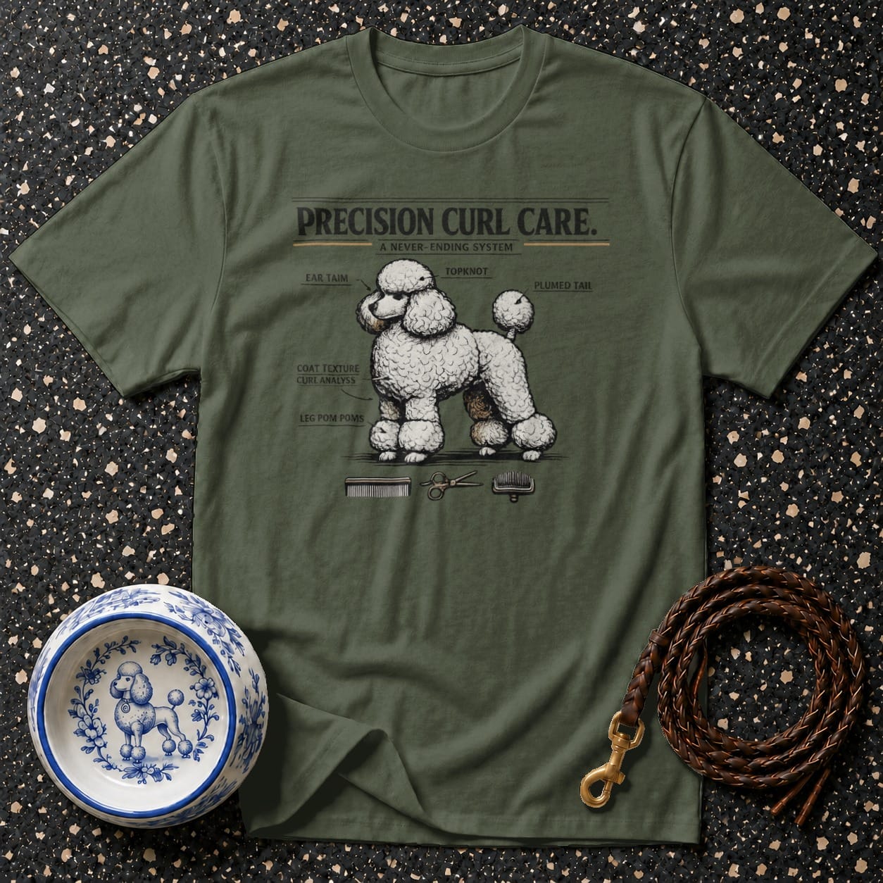 Olive t-shirt with "Precision Curl Care" diagram of a poodle and grooming tools.