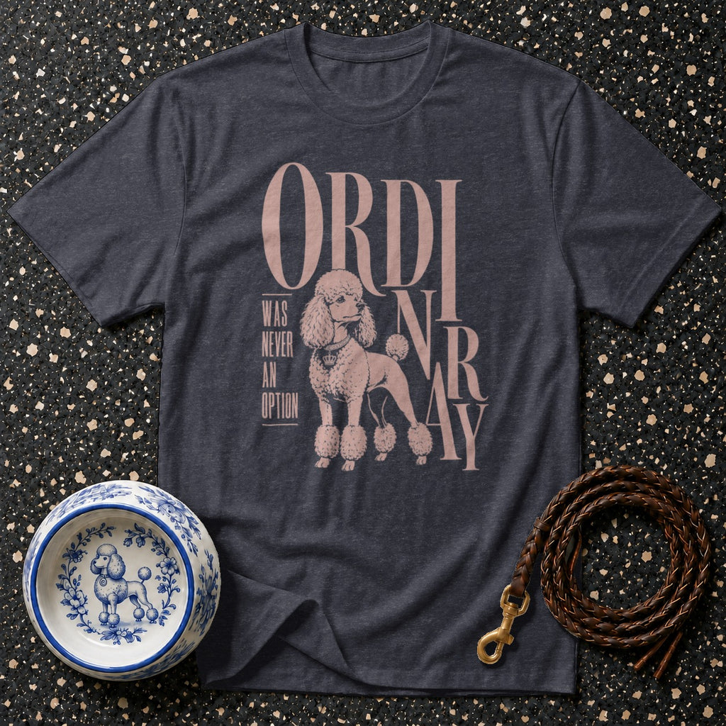 Dark gray t-shirt with poodle graphic and "ORDINARY WAS NEVER AN OPTION" text.