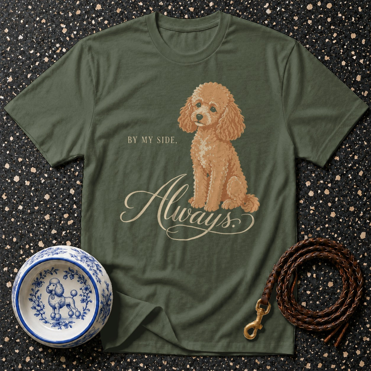 Olive green t-shirt with a brown poodle graphic and "Always By My Side" text.