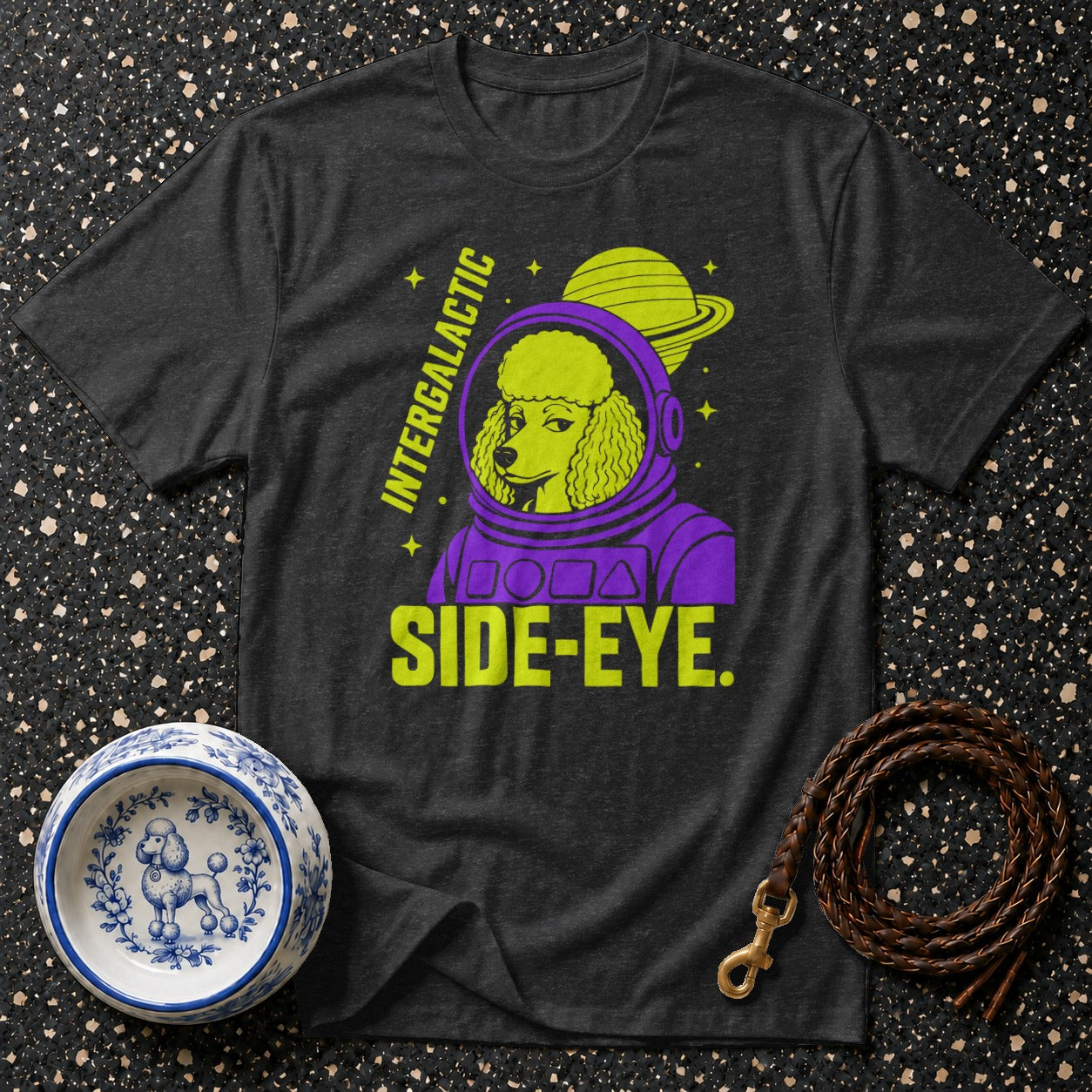 T-shirt with "Intergalactic Side-Eye" text and poodle in astronaut helmet.