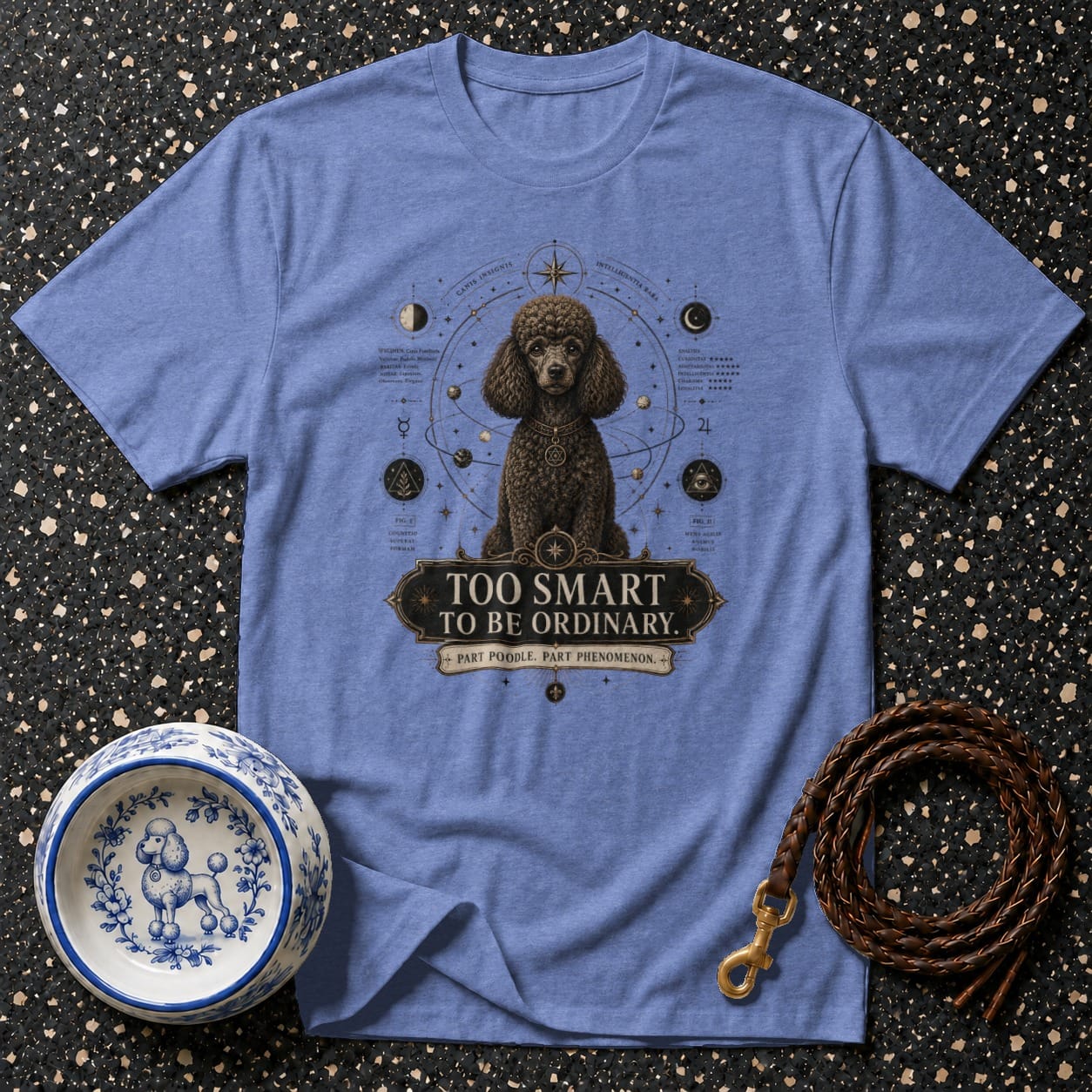 Blue t-shirt with a poodle graphic and the text "TOO SMART TO BE ORDINARY. PART POODLE. PART PHENOMENON."