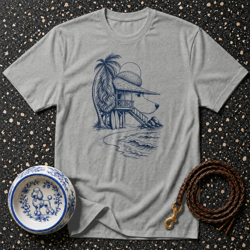 Grey t-shirt with a blue line drawing of a dog-shaped beach house with a palm tree.