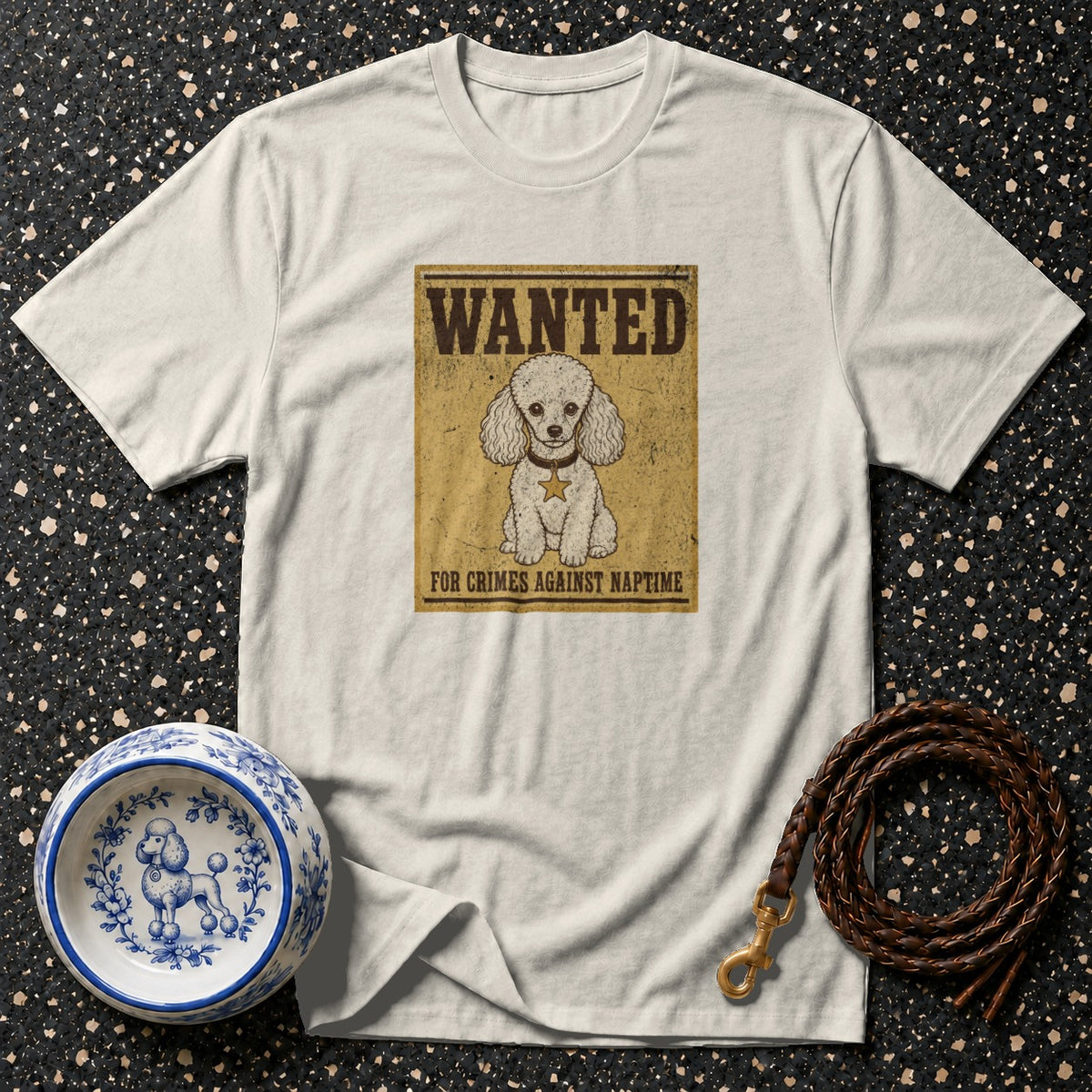 White t-shirt with "Wanted" poster graphic of a poodle.