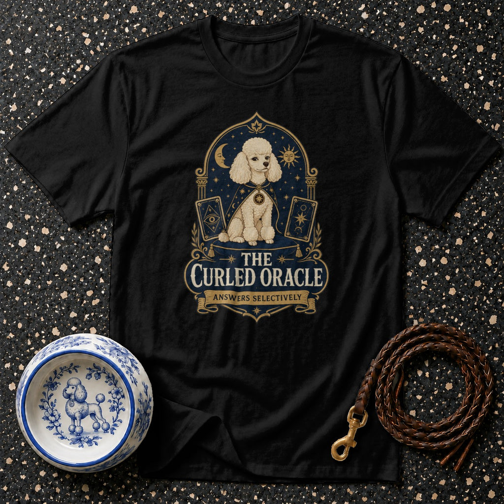 Black t-shirt with a poodle design and "The Curled Oracle" text.