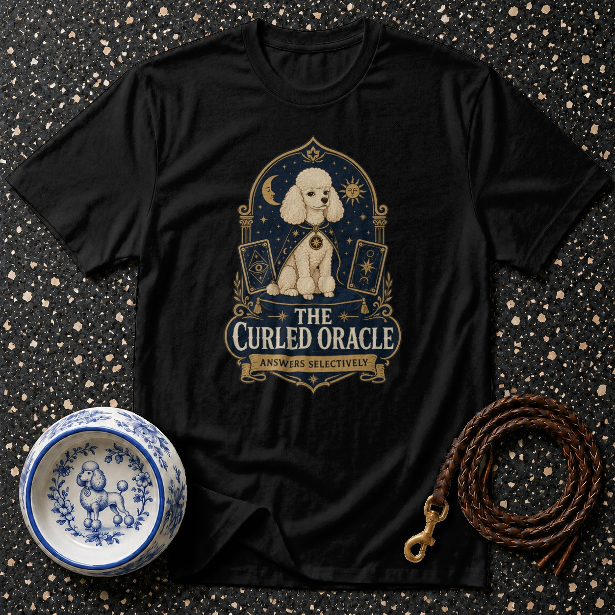 Black t-shirt with a poodle design and "The Curled Oracle" text.
