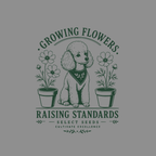 Poodle with flowers in pots, text reads "Growing Flowers Raising Standards Select Seeds Cultivate Excellence"