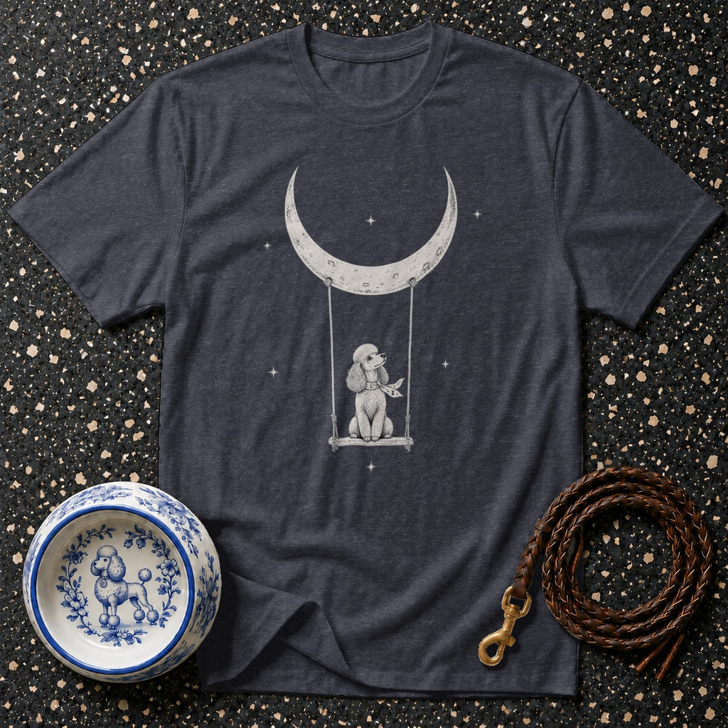Dark grey t-shirt with a poodle on a crescent moon swing design.