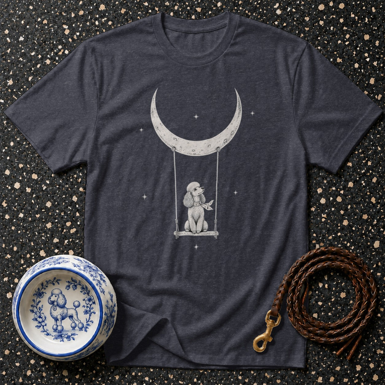 Dark grey t-shirt with a poodle on a crescent moon swing design.