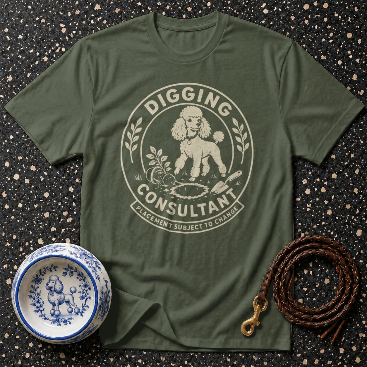 Green t-shirt with "Digging Consultant" graphic featuring a poodle and gardening tools.