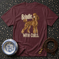 Maroon t-shirt with graphic of brindle poodle and text "Brindle. With Curls."