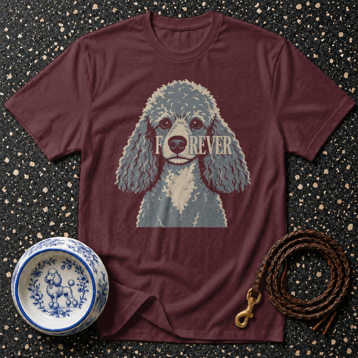 Maroon t-shirt with a stylized gray poodle graphic and the word "FOREVER".