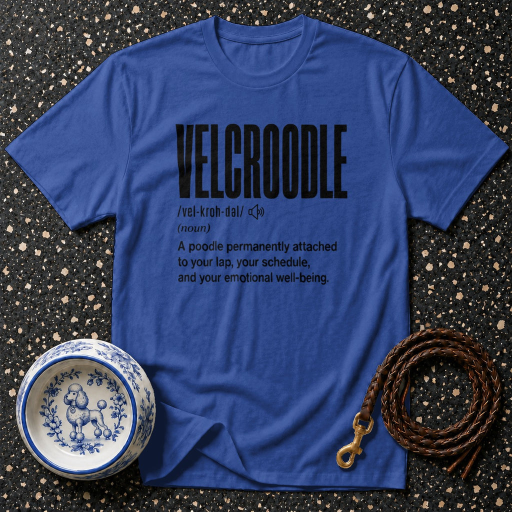 Blue t-shirt with "VELCROODLE" definition in black text.