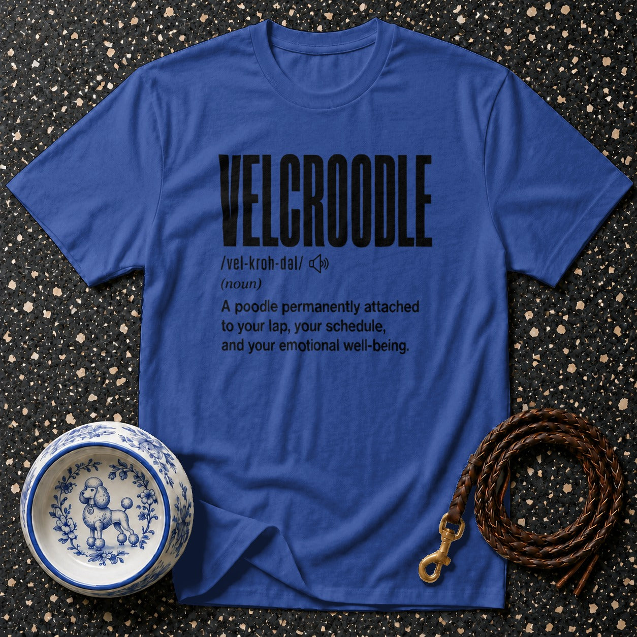 Blue t-shirt with "VELCROODLE" definition in black text.