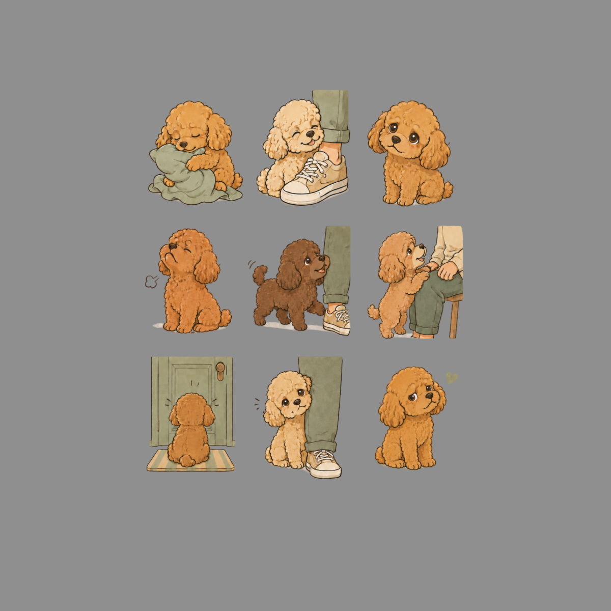 Nine panels show poodles interacting with legs and a door, depicting common dog behaviors.