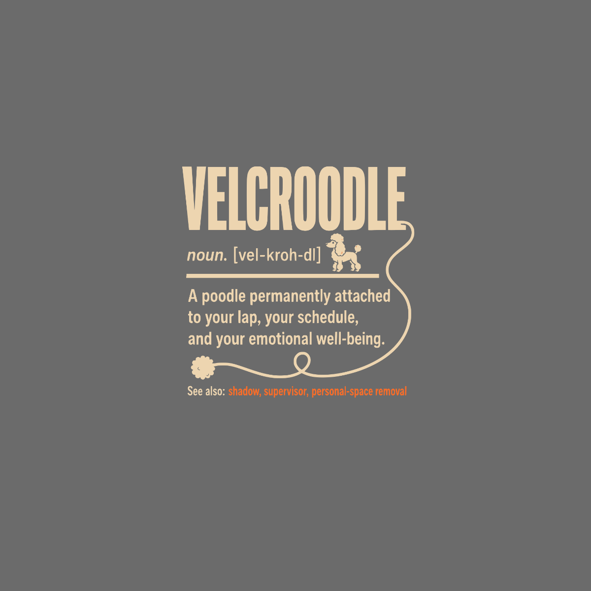 Velcroodle noun definition with poodle icon and related terms.