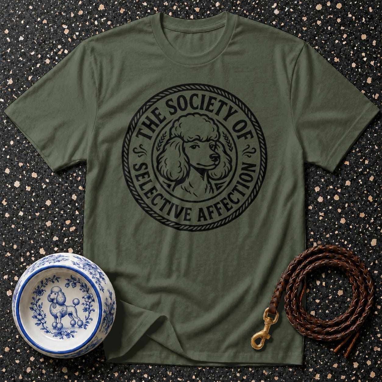 Olive green t-shirt with black poodle graphic and text "The Society of Selective Affection".