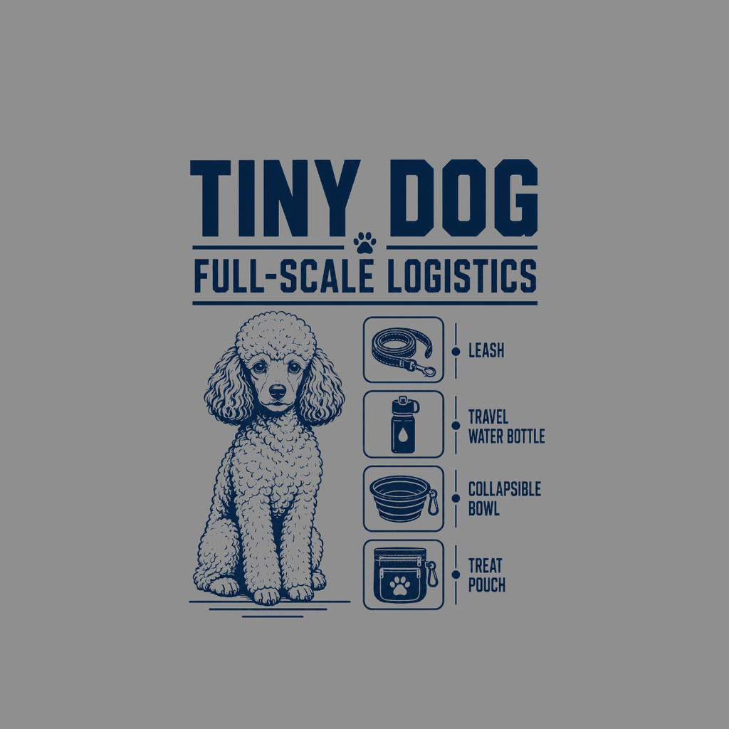 Poodle graphic with "Tiny Dog Full-Scale Logistics" text and dog accessories.