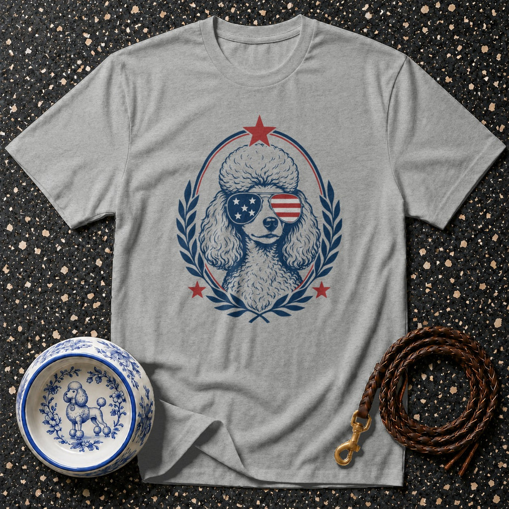 Grey t-shirt with a poodle wearing American flag sunglasses within a laurel wreath.