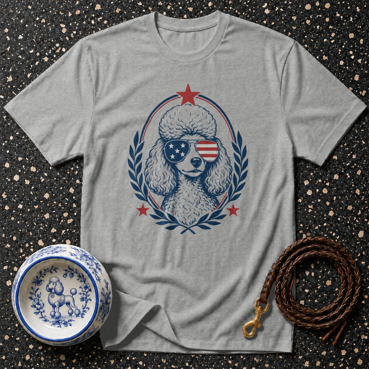 Grey t-shirt with a poodle wearing American flag sunglasses within a laurel wreath.