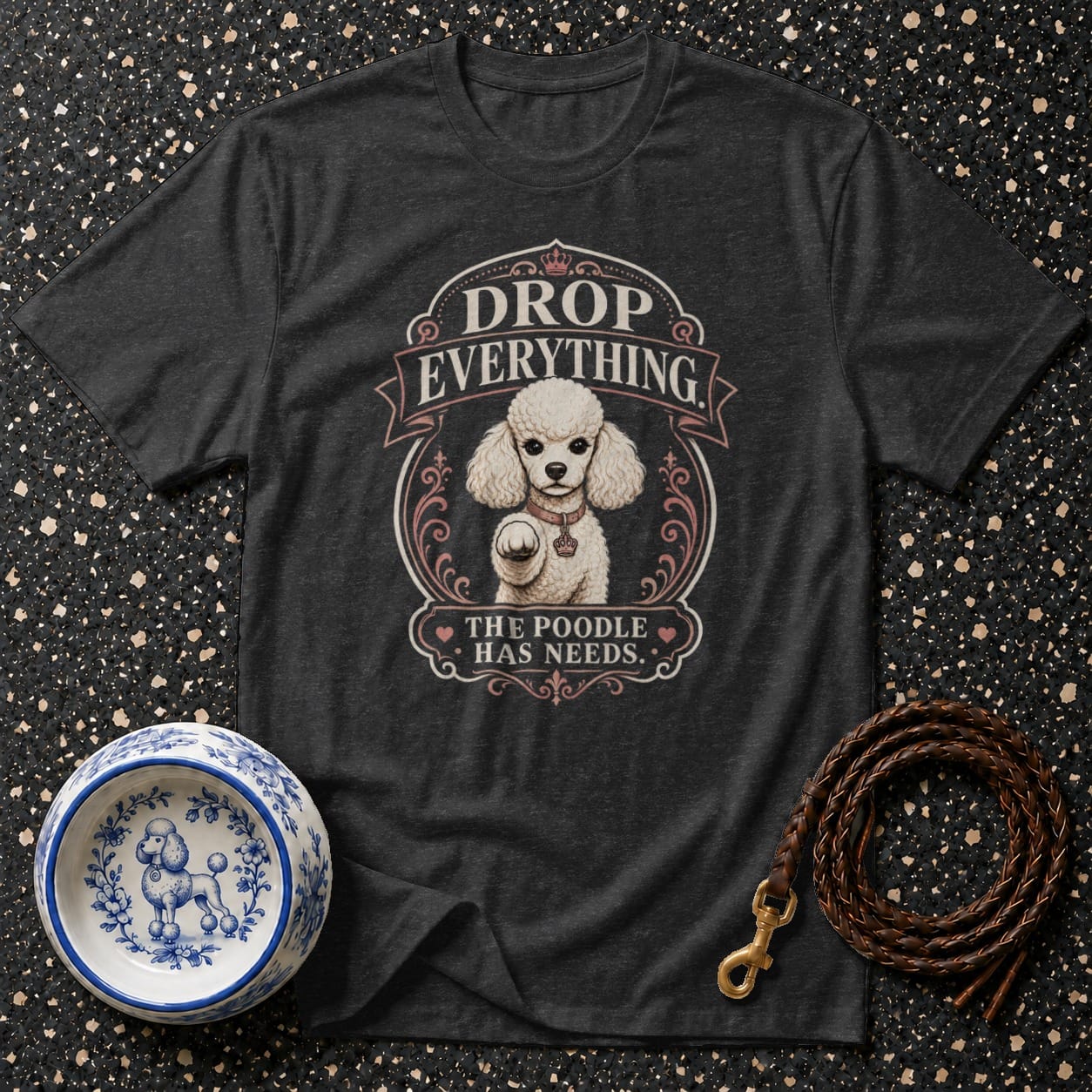 Dark grey t-shirt with white poodle graphic