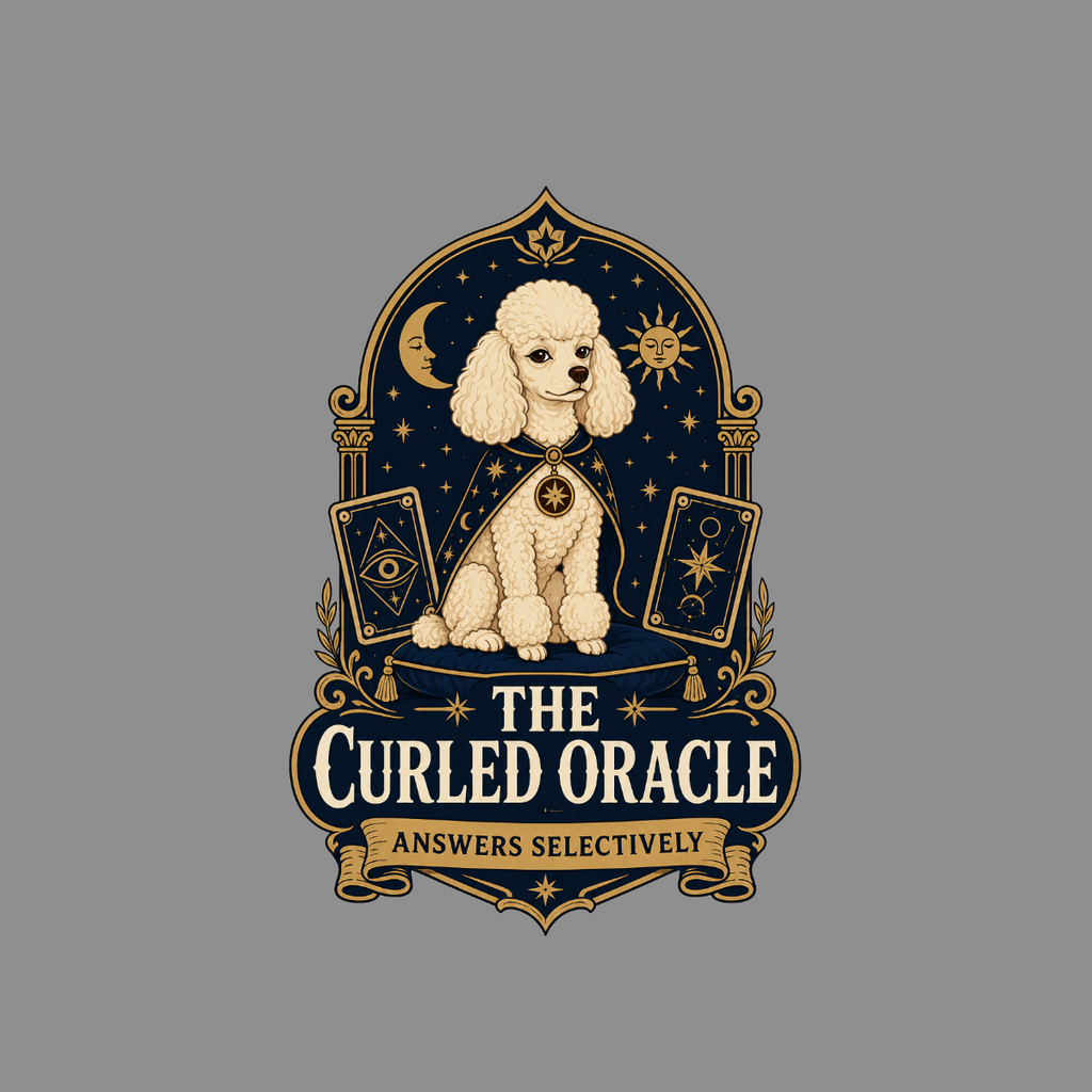 A poodle sits in front of tarot cards, sun, and moon, with text "The Curled Oracle Answers Selectively".