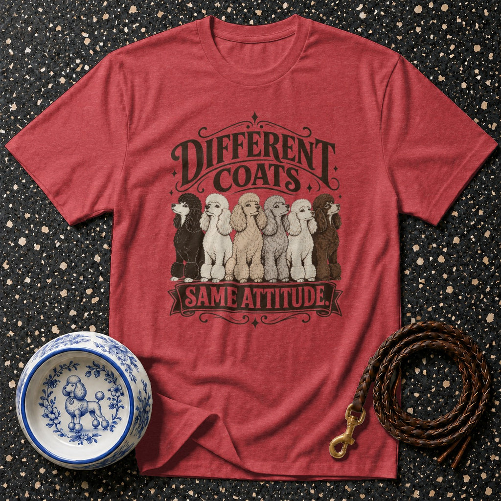 Red t-shirt with "Different Coats Same Attitude" and poodles of various colors.