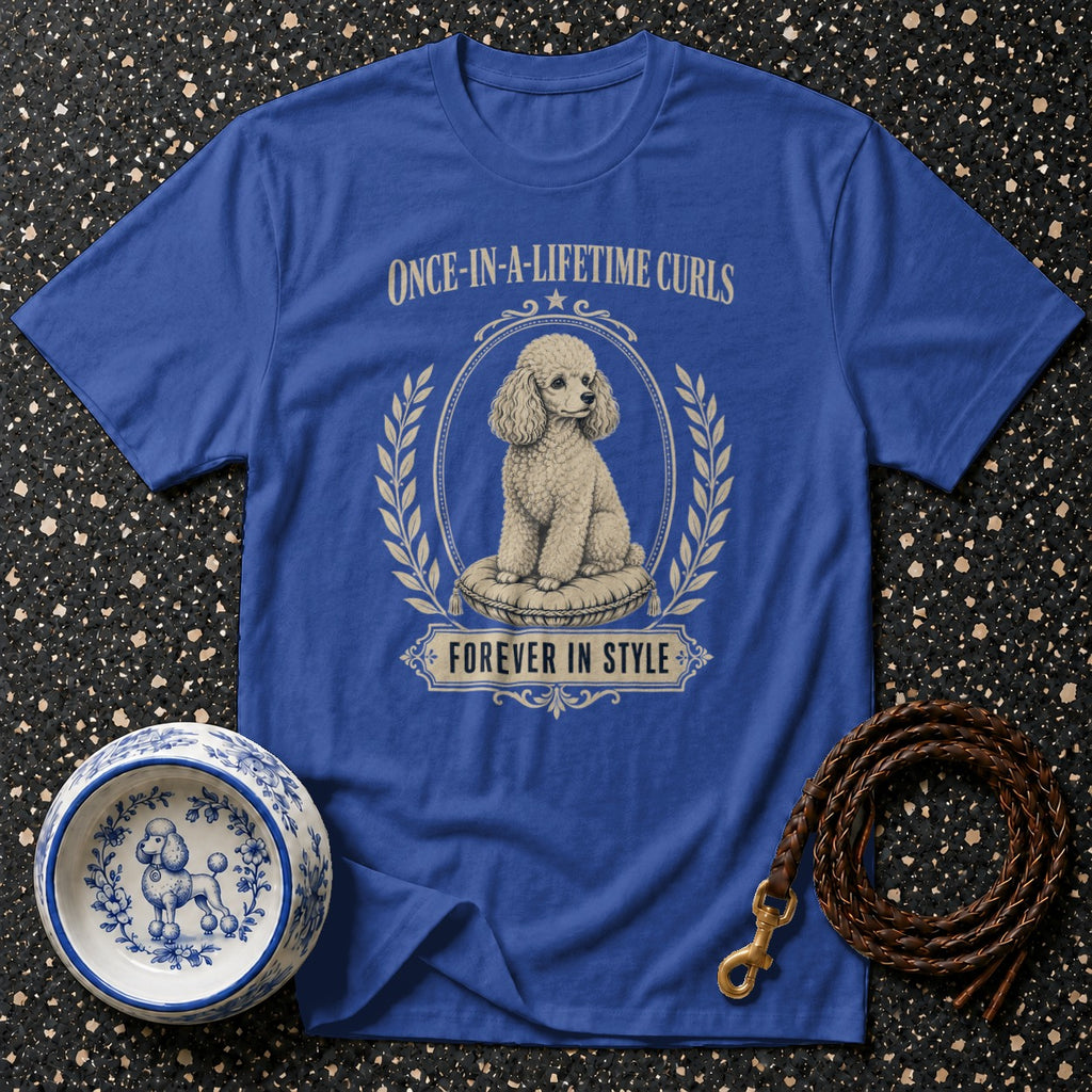 Blue t-shirt with poodle graphic, "ONCE-IN-A-LIFETIME CURLS" and "FOREVER IN STYLE".