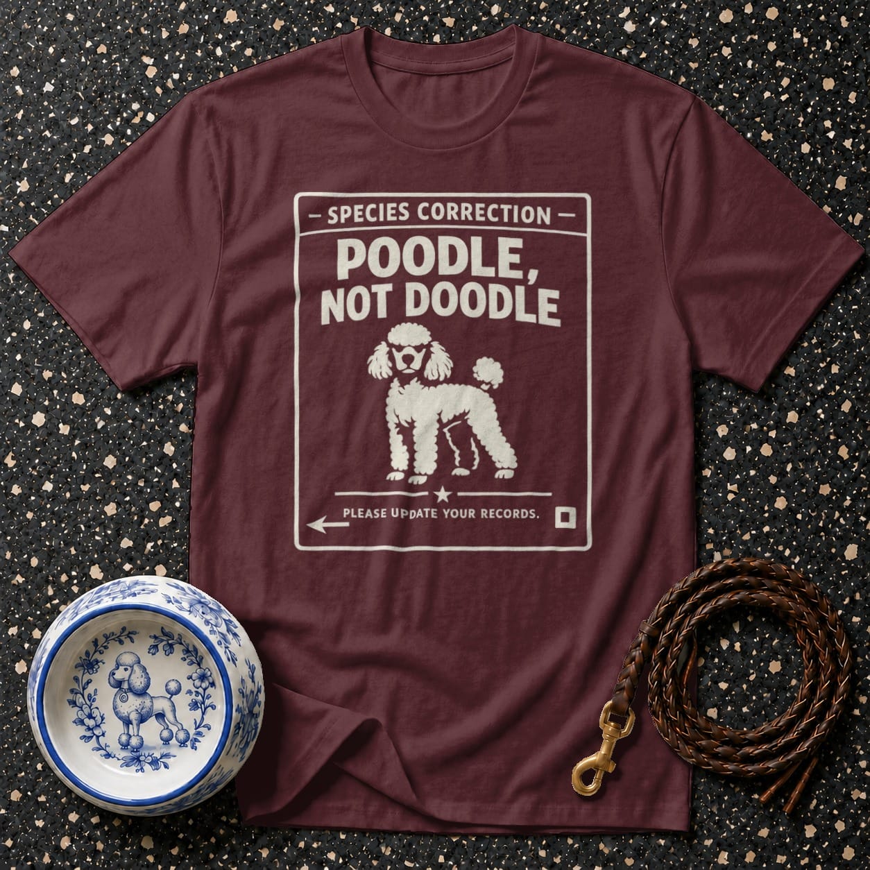 Maroon t-shirt with "Poodle, Not Doodle" and poodle graphic.