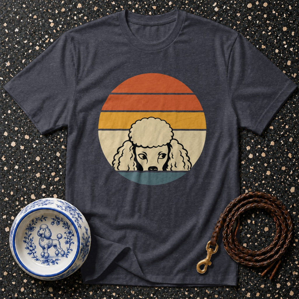 Dark heather t-shirt with vintage poodle graphic and dog accessories.