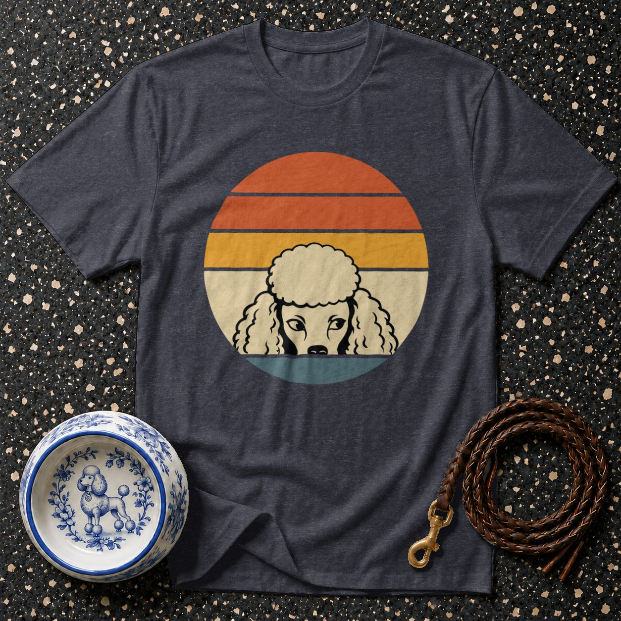 Dark heather t-shirt with vintage poodle graphic and dog accessories.