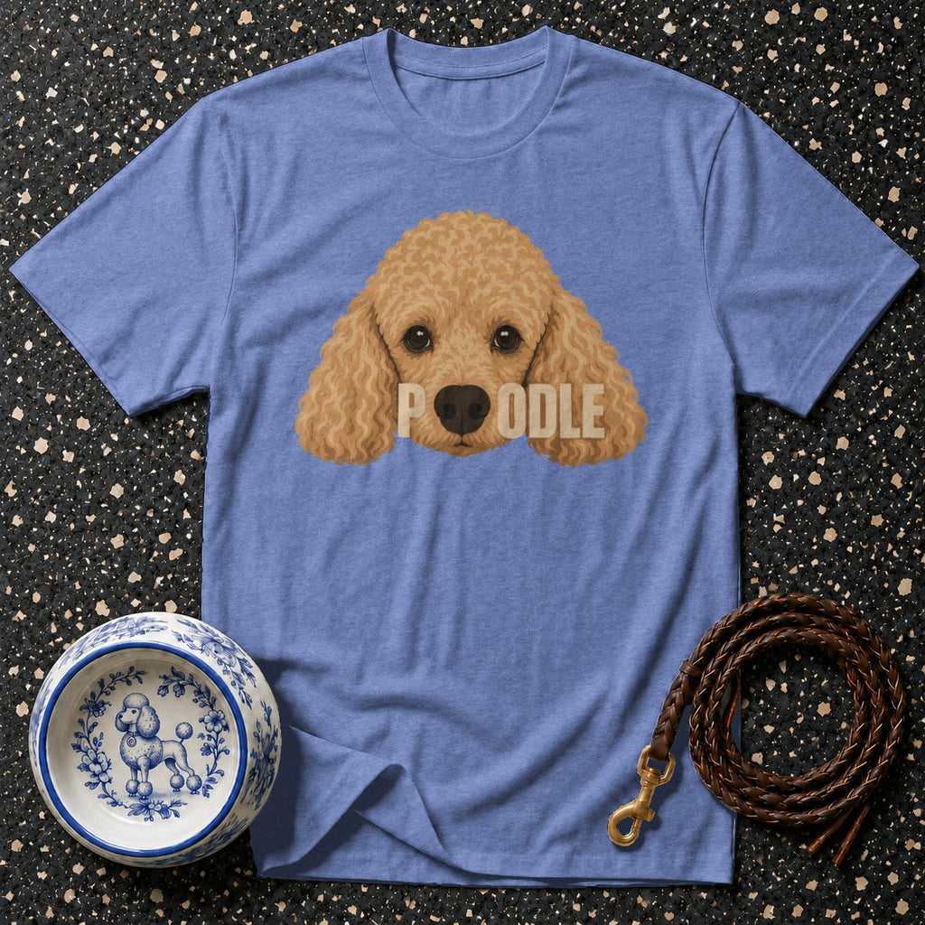 Blue t-shirt with a tan poodle illustration and the word "POODLE" across its face.